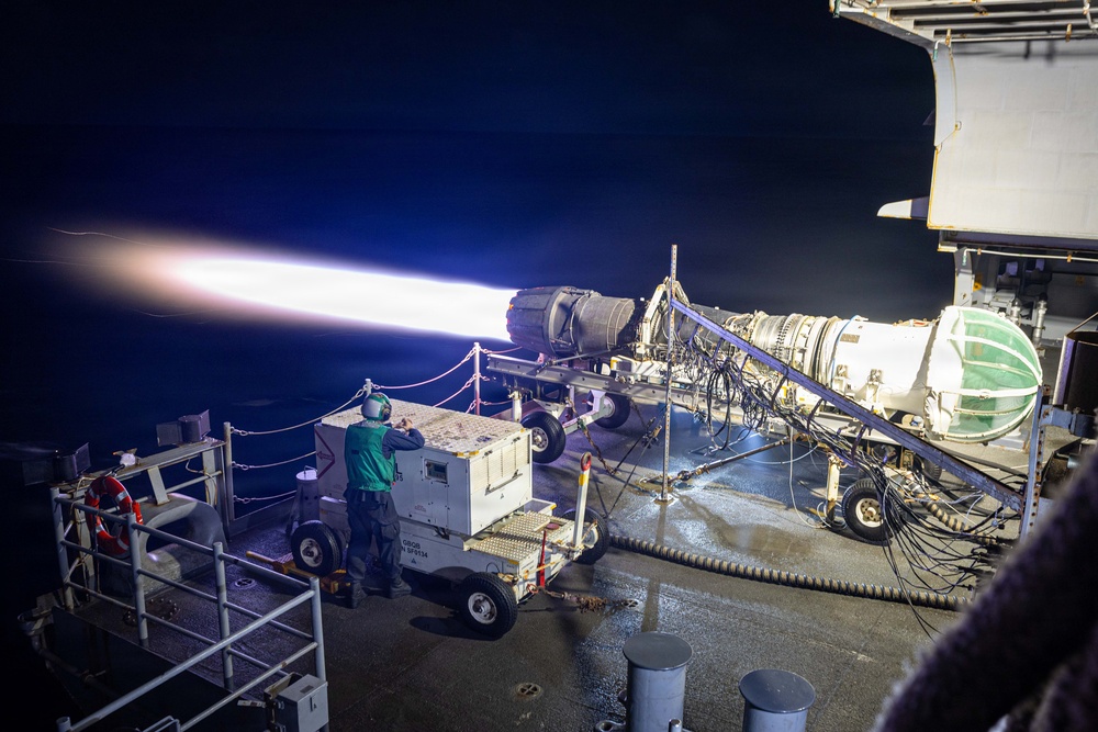 USS Gerald R. Ford (CVN 78) Sailor Conducts Jet Engine Testing