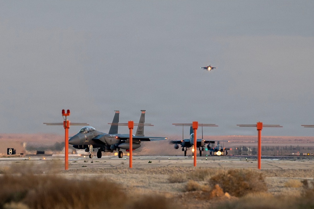 F-15E Strike Eagles Land at a base in the Middle East