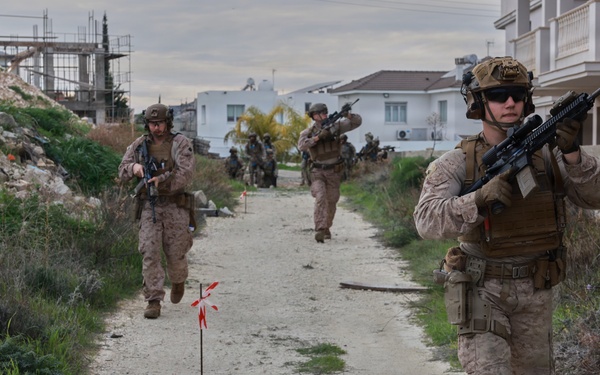 U.S. Marines with FAST Company Europe conduct live sim close quarter battle training