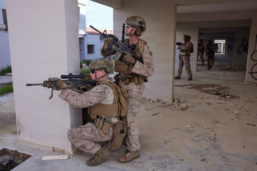 U.S. Marines with FAST Company Europe conduct live sim close quarter battle training