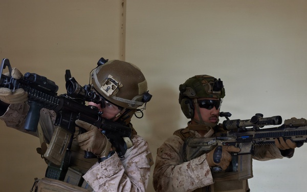 U.S. Marines with FAST Company Europe conduct live sim close quarter battle training