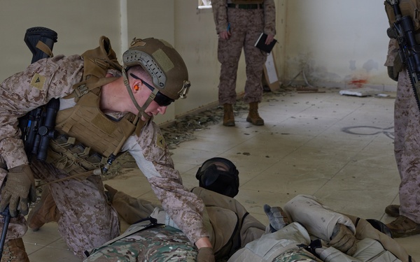 U.S. Marines with FAST Company Europe conduct live sim close quarter battle training