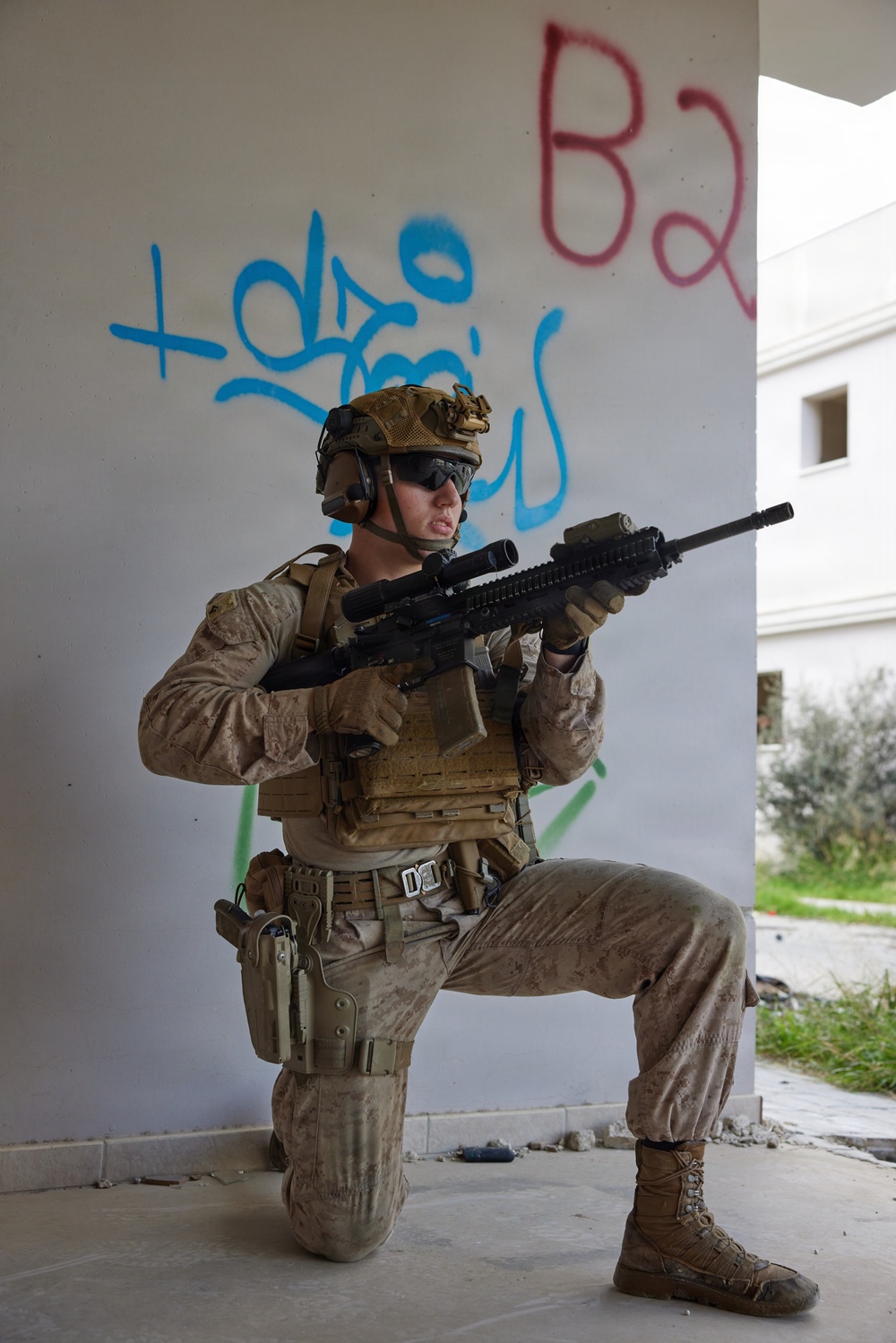 U.S. Marines with FAST Company Europe conduct live sim close quarter battle training