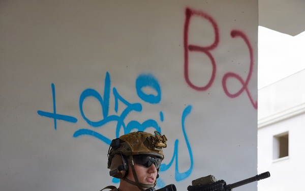 U.S. Marines with FAST Company Europe conduct live sim close quarter battle training