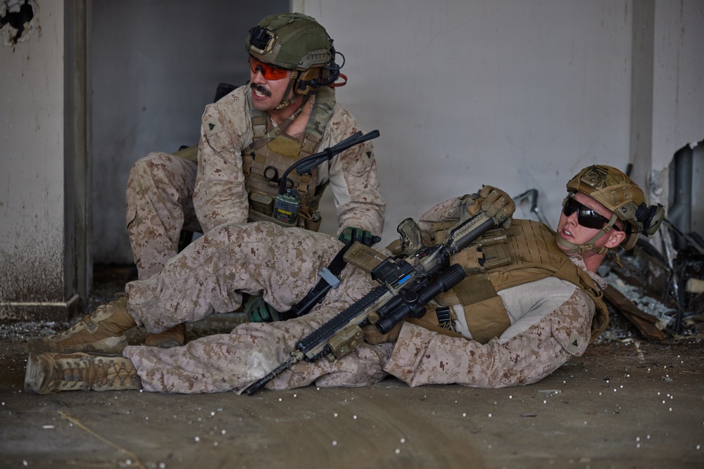 U.S. Marines with FAST Company Europe conduct live sim close quarter battle training