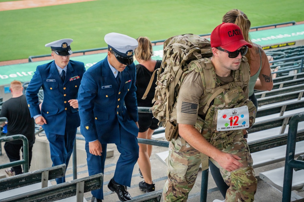 Coast Guard members participate in the climb while wearing their bravo uniform