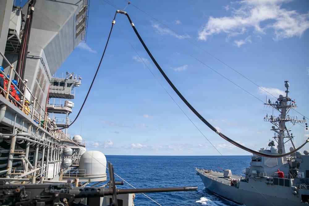 USS Tripoli Refuels USS Rafael Peralta At Sea