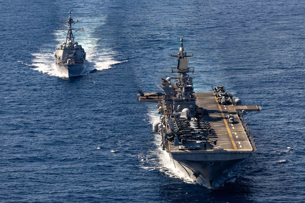 USS Rafael Peralta RAS with USS Tripoli