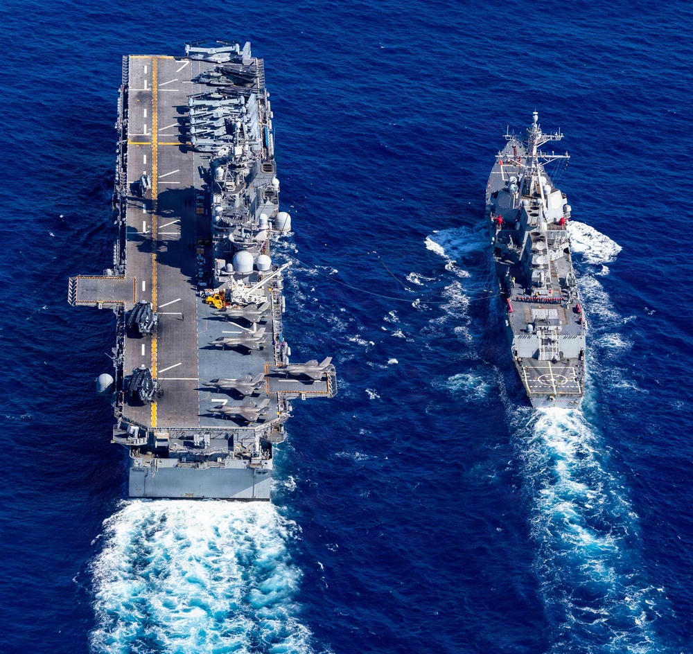 USS Rafael Peralta RAS with USS Tripoli
