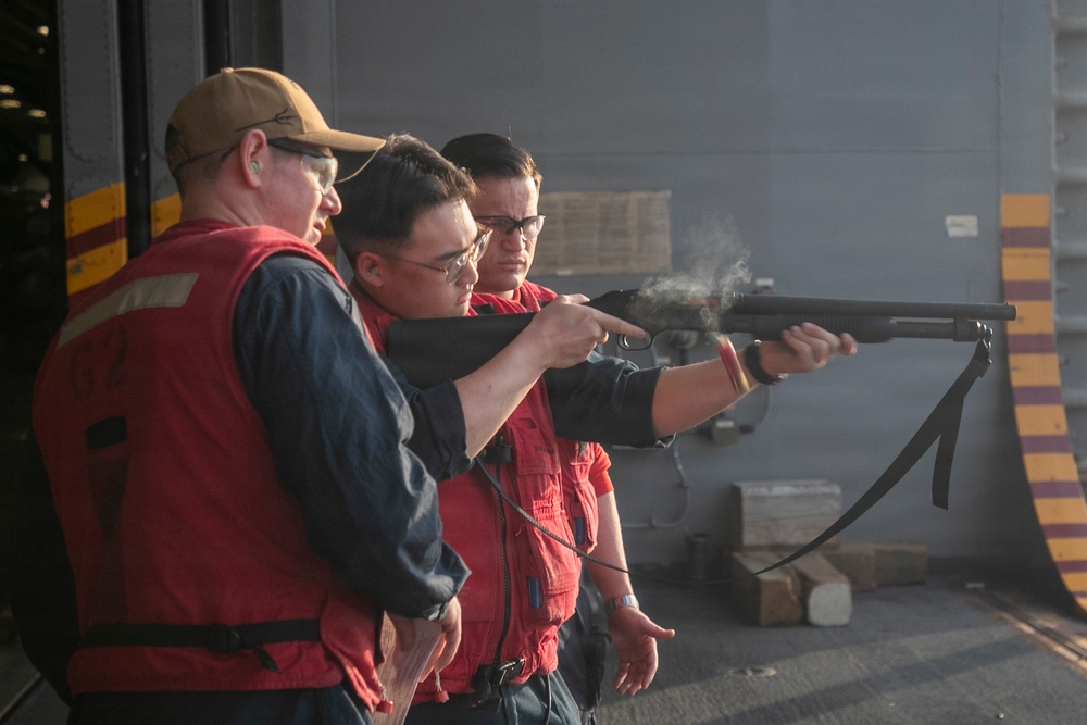 USS Tripoli Conducts A Gun Shoot