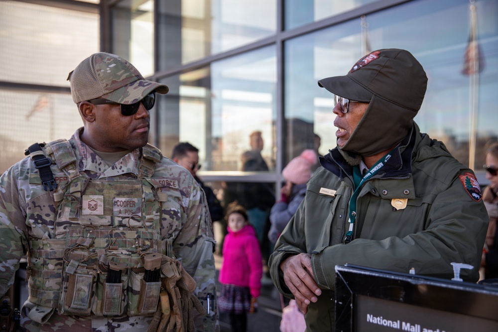 A Mississippi National Guardsman patrols on the National Mall in Washington, D.C.