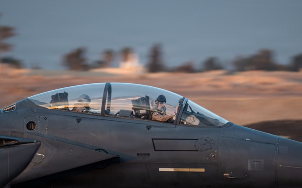 F-15E Strike Eagles Land at a base in the Middle East
