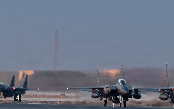 F-15E Strike Eagles Land at a base in the Middle East