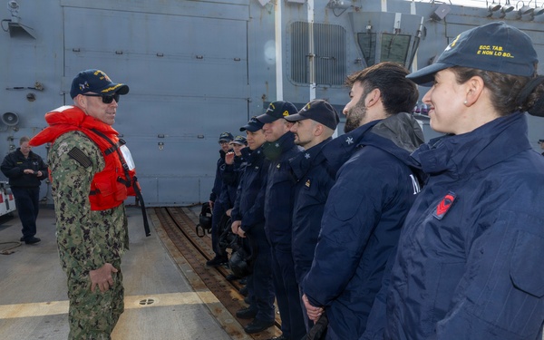 USS Bulkeley (DDG 84) and ITS Fasan (F 591) perform a cross deck visit, Feb. 10, 2026