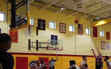 A member of the JBMHH Marines basketball team takes a free throw during the Capital Classic Basketball Tournament at Joint Base Myer Henderson Hall.