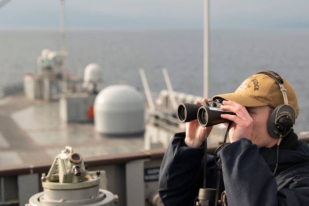 Sailor aboard USS Blue Ridge Stands Watch