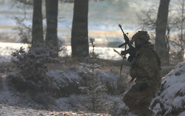 U.S. Army Soldier Reacts to Contact with the Enemy During Combined Resolve 26-05 in Hohenfels, Germany