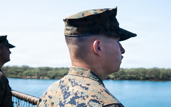 U.S. Marines, Sailors aboard USS Ashland Man the Rails at Joint Base Pearl Harbor-Hickam