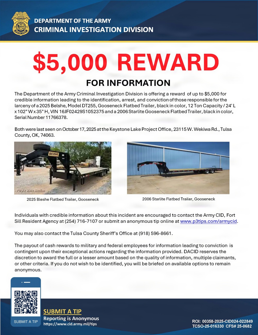 Army offering reward for information related to trailer theft