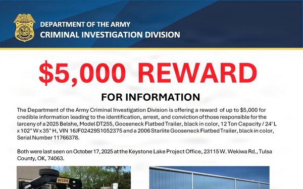 Army offering reward for information related to trailer theft