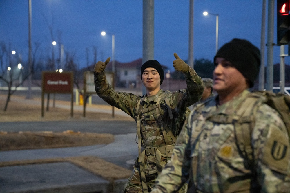 Headquarters and Headquarters Company, 1st Signal Brigade conducts early morning ruck march at Camp Humphreys