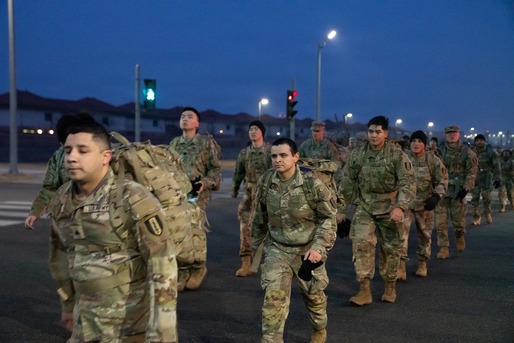 Headquarters and Headquarters Company, 1st Signal Brigade conducts early morning ruck march at Camp Humphreys
