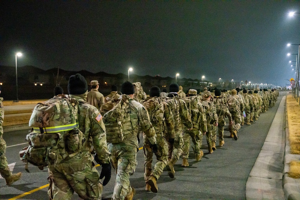 Headquarters and Headquarters Company, 1st Signal Brigade conducts early morning ruck march at Camp Humphreys