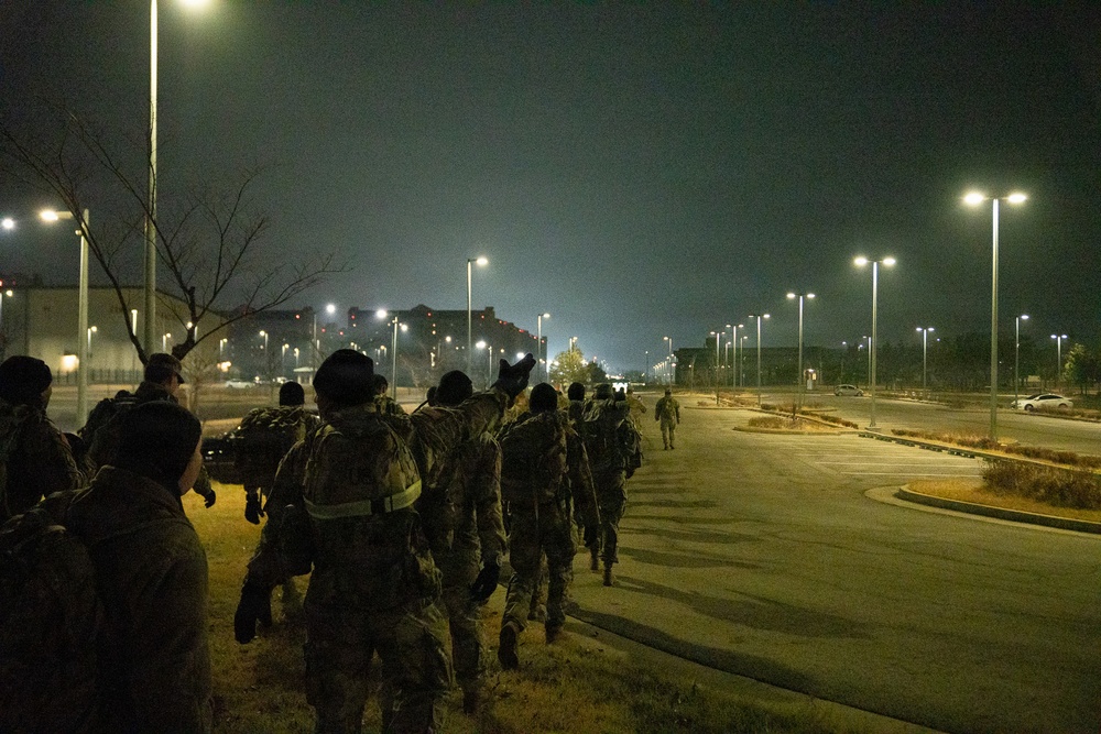 Headquarters and Headquarters Company, 1st Signal Brigade conducts early morning ruck march at Camp Humphreys