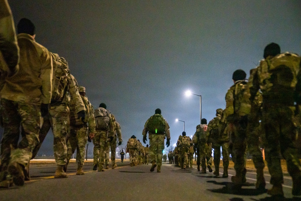 Headquarters and Headquarters Company, 1st Signal Brigade conducts early morning ruck march at Camp Humphreys
