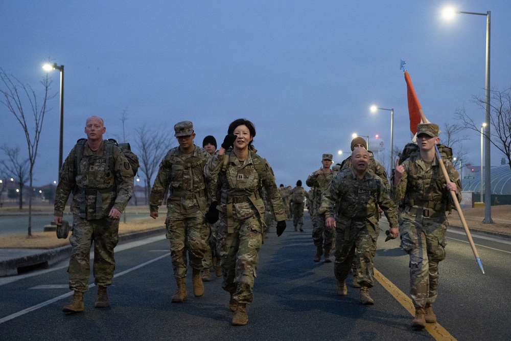 Headquarters and Headquarters Company, 1st Signal Brigade conducts early morning ruck march at Camp Humphreys