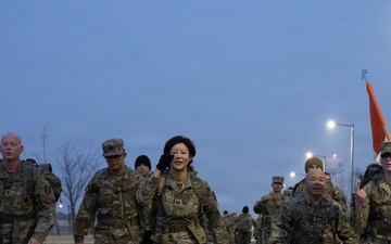 Headquarters and Headquarters Company, 1st Signal Brigade conducts early morning ruck march at Camp Humphreys