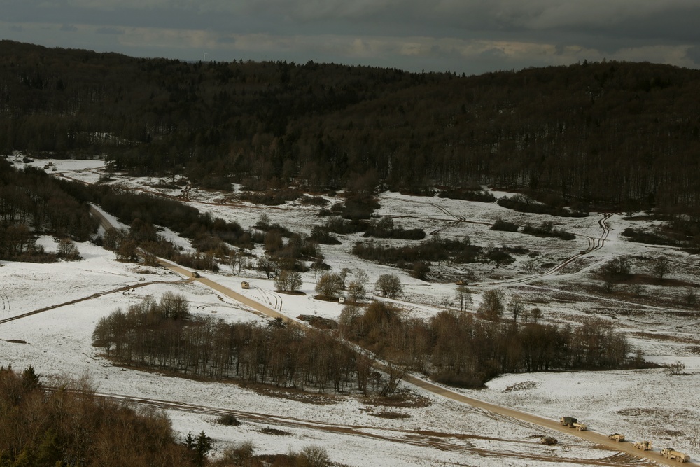 U.S. Army Convoy Maneuvers Through the Training Area During Combined Resolve 26-05 at JMRC in Hohenfels, Germany