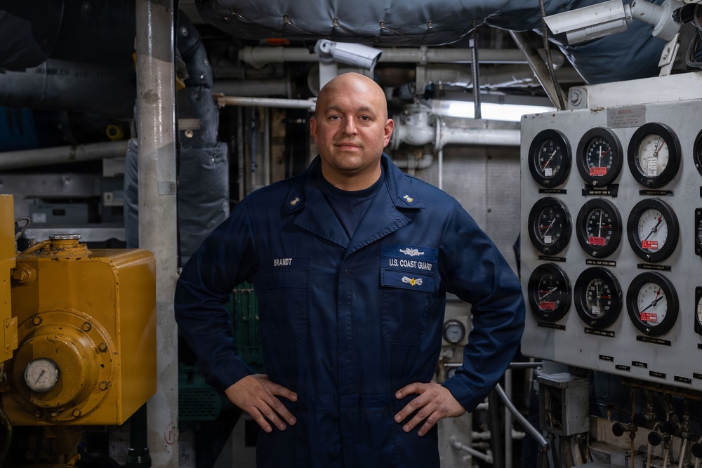 CGC Sturgeon Bay crew member poses for portrait following icebreaking operations