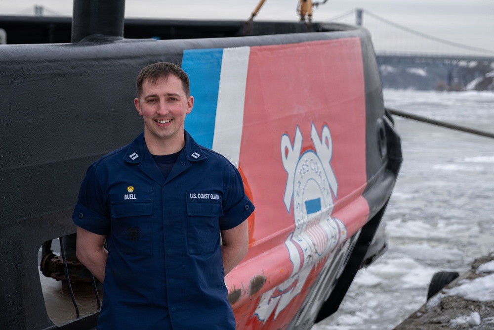 CGC Sturgeon Bay crew member poses for portrait following icebreaking operations