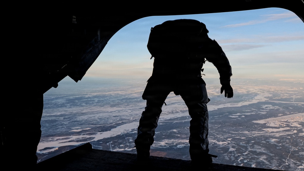 Green Beret exits CH-47 Chinook during MFF jump