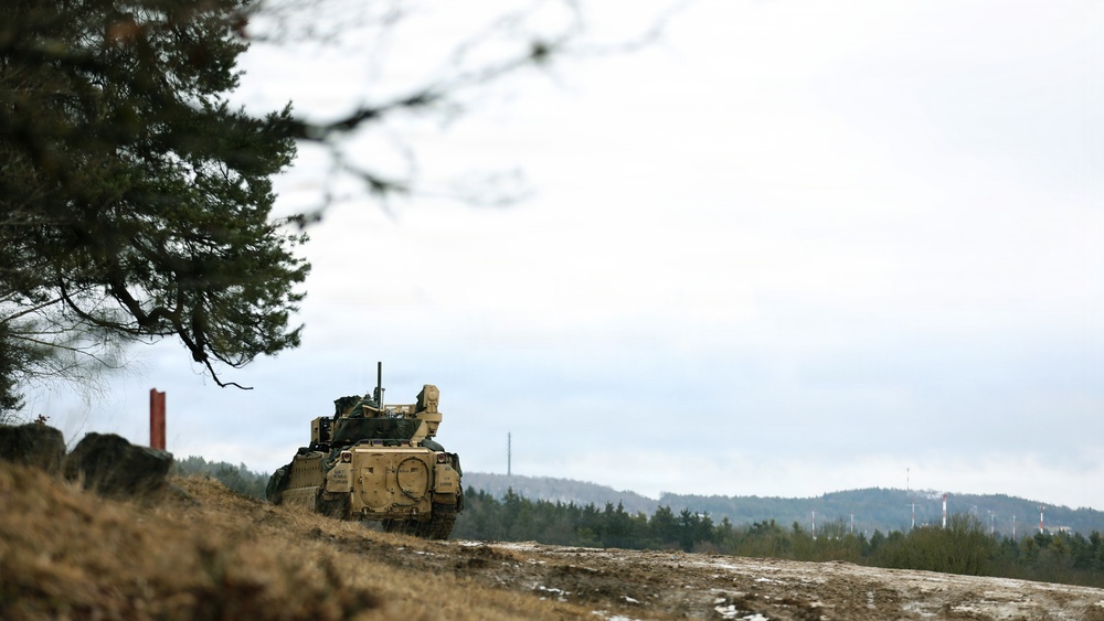 U.S. Army Bradley Fighting Vehicle Maneuvers the Battlefield  During Combined Resolve 26-05 in Hohenfels, Germany