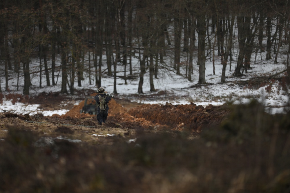 U.S. Army Soldier Prepares to Emplace Obstacles as a part of the OPFOR during Combined Resolve 26-05 at JMRC in Hohenfels, Germany