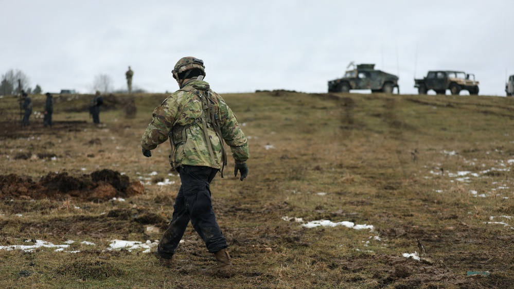 U.S. Army Soldier Prepares to Emplace Obstacles as a part of Opposing Force During Combined Resolve 26-05 at JMRC in Hohenfels, Germany
