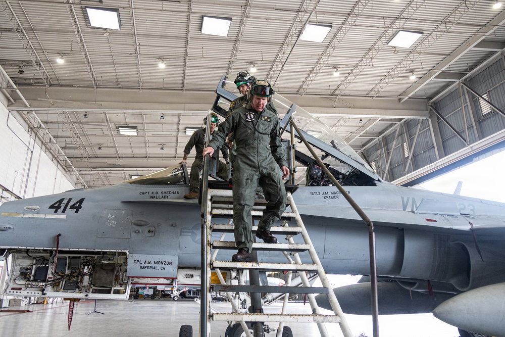 The Commandant, Gen. Eric M. Smith flies a F/A 18 at Marine Fighter Squadron 323