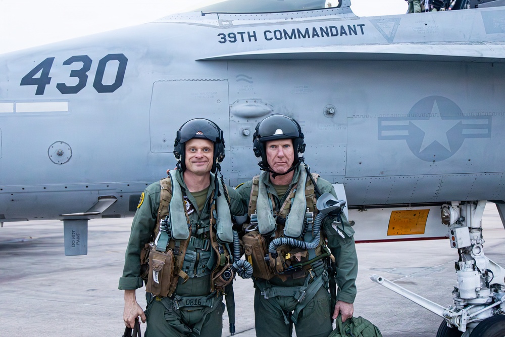 The Commandant, Gen. Eric M. Smith flies a F/A 18 at Marine Fighter Squadron 323
