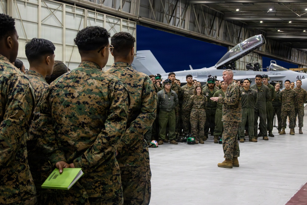 The Commandant, Gen. Eric M. Smith flies a F/A 18 at Marine Fighter Squadron 323
