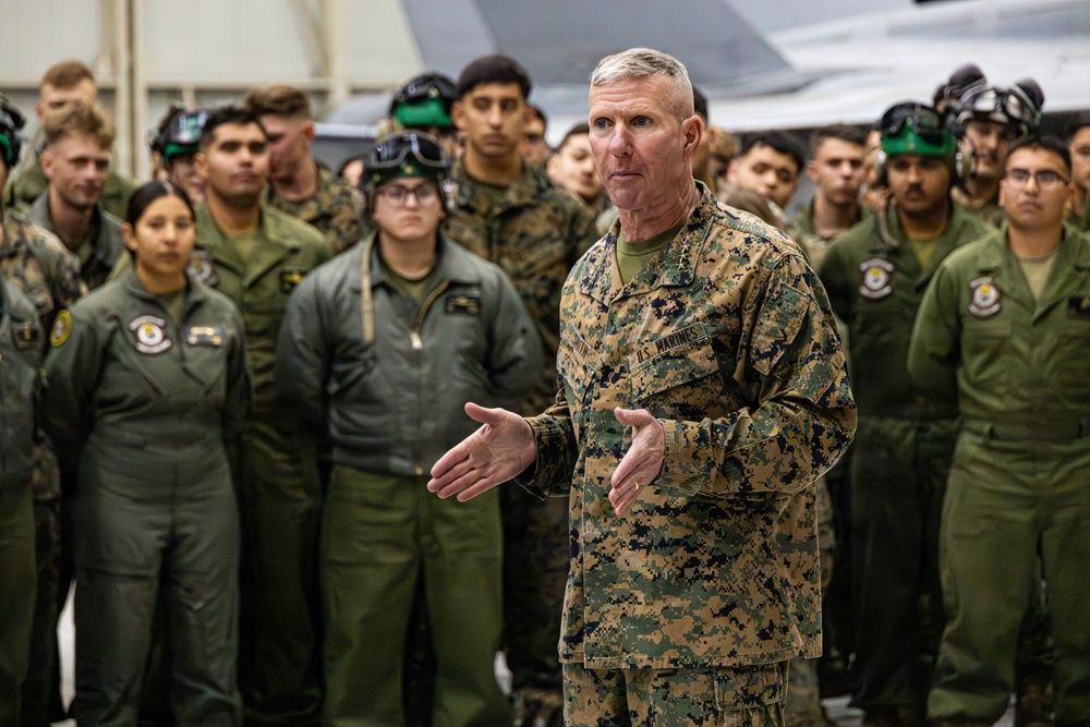 The Commandant, Gen. Eric M. Smith flies a F/A 18 at Marine Fighter Squadron 323