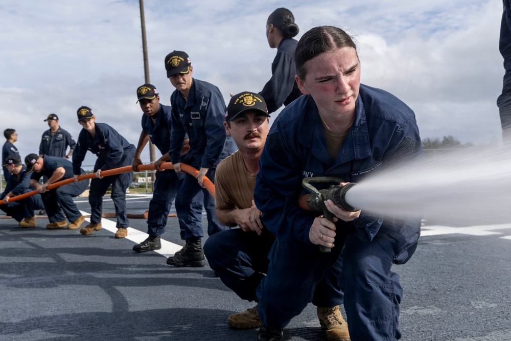 USS Emory S. Land (AS 39) conducts damage control training