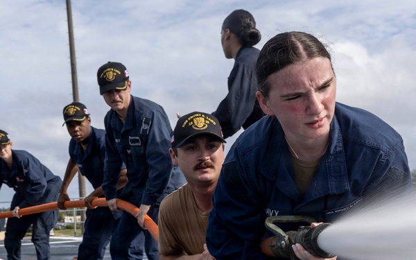 USS Emory S. Land (AS 39) conducts damage control training