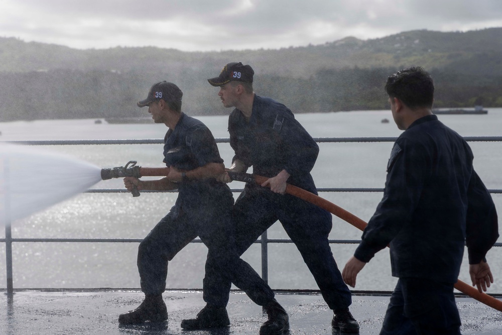 USS Emory S. Land (AS 39) conducts damage control training
