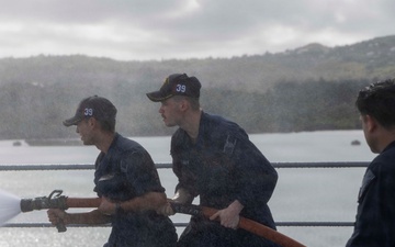 USS Emory S. Land (AS 39) conducts damage control training