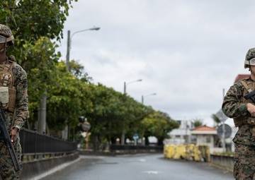Marines partake in a riot control exercise at Camp Foster