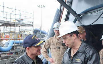 Rear Adm. Joe Cahill speaks with Cdr. William Burke, commanding officer of Arleigh Burke-class guided-missile destroyer USS Paul Ignatius (DDG 117)