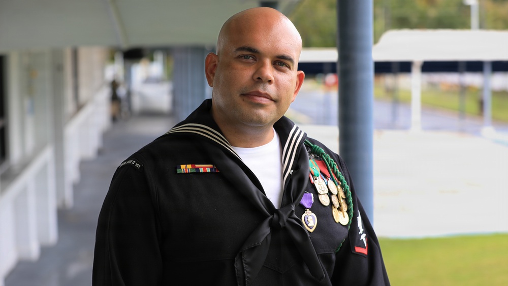 U.S. Navy Fleet Marine Force receives Purple Heart for his sacrifice and service during service