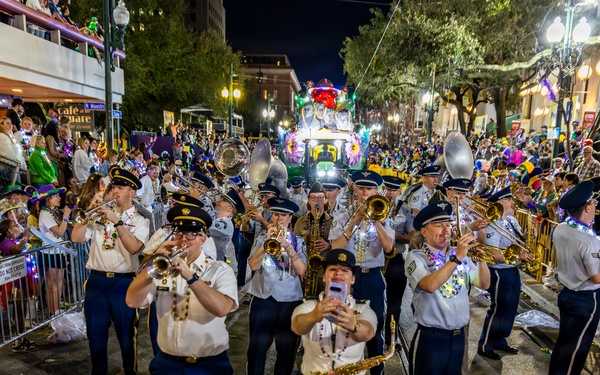 Band of the West and Fort Sam's Own march in Mardi Gras